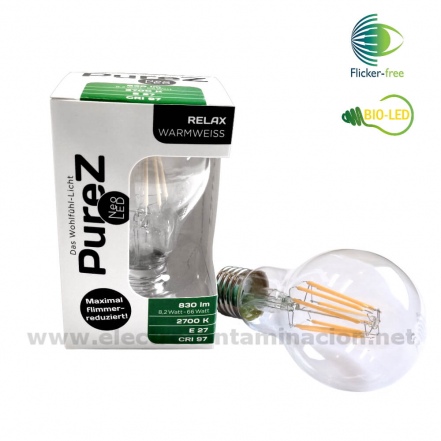 Bombilla LED E27 8,2W BIO-LED Pure-Z, 2700K blanco calido, ficker-free y luz azul reducido