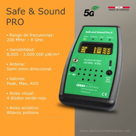 Safe & Sound Pro 2, medidor de campos electromagnéticos de 5G con datos técnicos