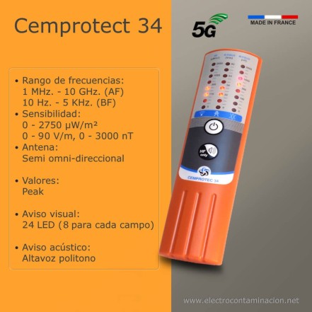 Datos técnicos del medidor de radiaciones electromagnéticas Cemptrotect 34