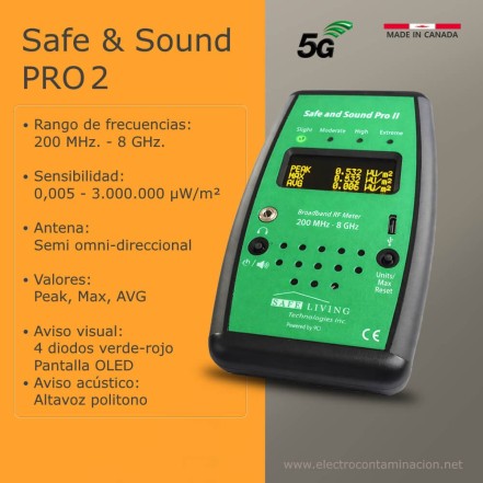 Safe & Sound Pro 2, medidor de campos electromagnéticos de 5G con datos técnicos